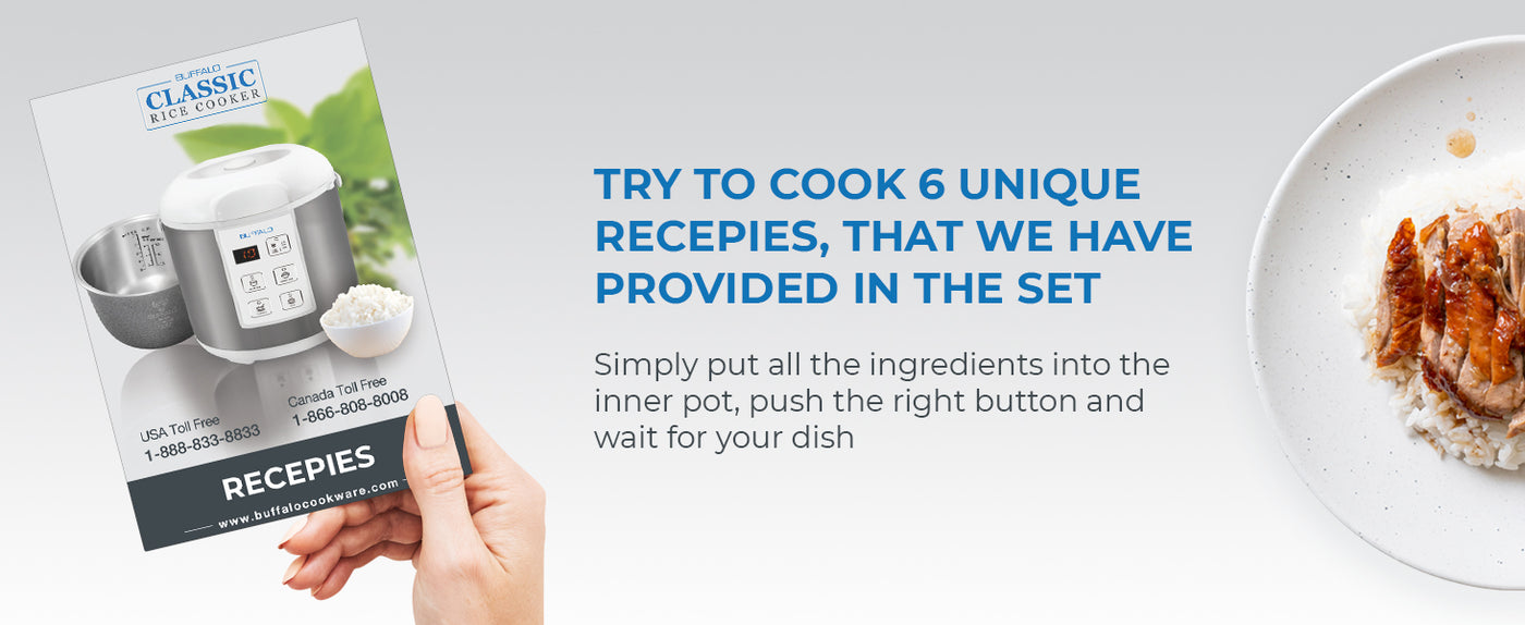 A Buffalo stainless steel rice cooker with recipes, hand holding a brochure, and cooked rice with meat on a plate.