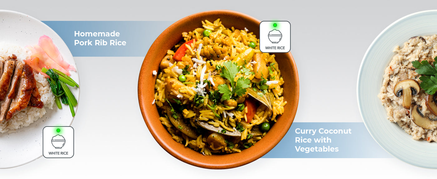 Banner with three rice dishes: Pork Rib Rice, Spicy Vegetable Rice, and Coconut Rice.