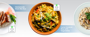 Banner with three rice dishes: Pork Rib Rice, Spicy Vegetable Rice, and Coconut Rice.