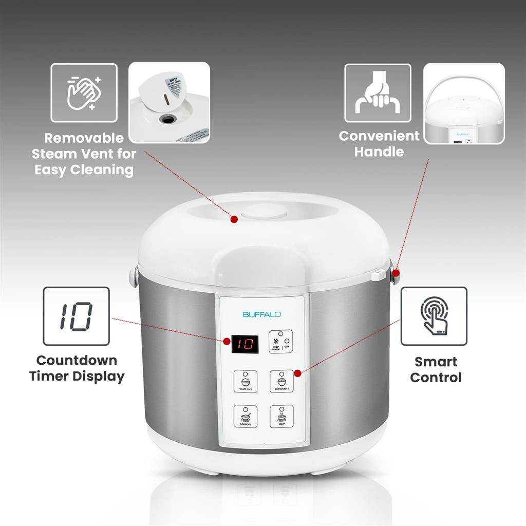 Electric rice cooker with features highlighted: removable steam vent, handle, countdown timer, and smart control.