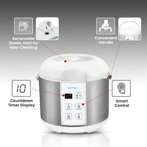 Electric rice cooker with features highlighted: removable steam vent, handle, countdown timer, and smart control.