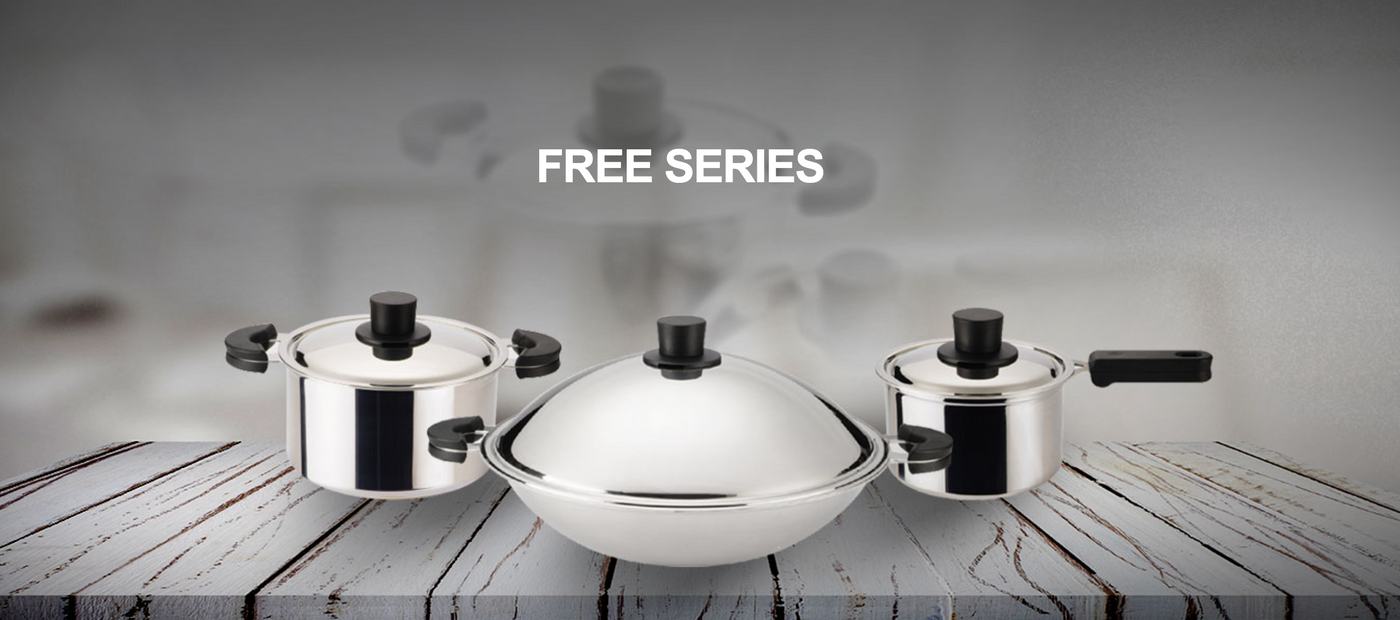 Stainless steel cookware set on wooden surface with "FREE SERIES" text overlay.