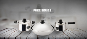 Stainless steel cookware set on wooden surface with "FREE SERIES" text overlay.