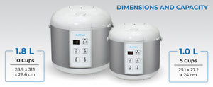 Two Buffalo rice cookers with dimensions and capacity info: 1.8L on the left and 1.0L on the right.