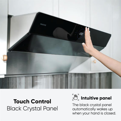 側吸式 PQ 6836AB CFM 1200 壁掛式/櫃下抽油煙機 （36“） 直觀面板 觸摸控制 黑色水晶面板。 當您的手合攏時，黑色水晶面板會自動喚醒。