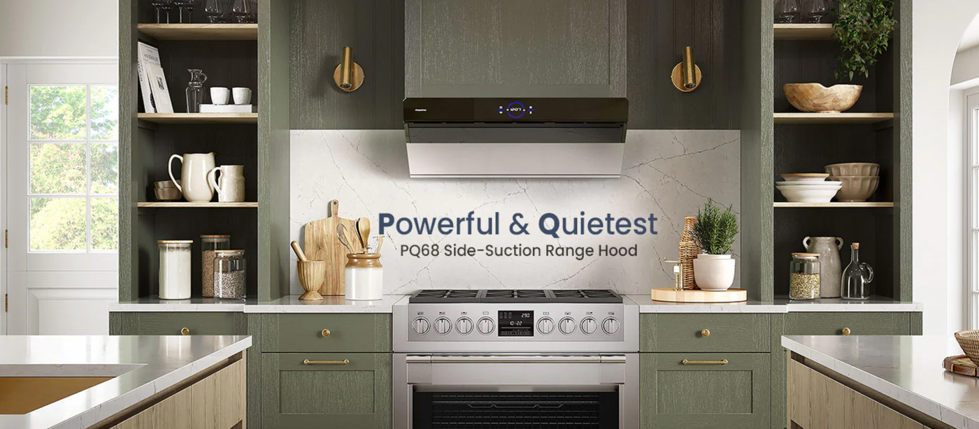 Modern kitchen with green cabinets, marble backsplash, and a range hood ad, with text stating "Powerful & Quietest PQ68 Side-Suction Range Hood".