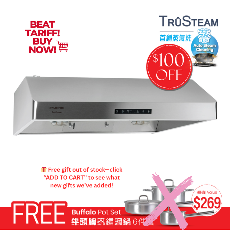 Pacific TruSteam SC8830BS 30" Under Cabinet Range Hood – 1000 CFM, Stainless Steel, Auto Steam Cleaning