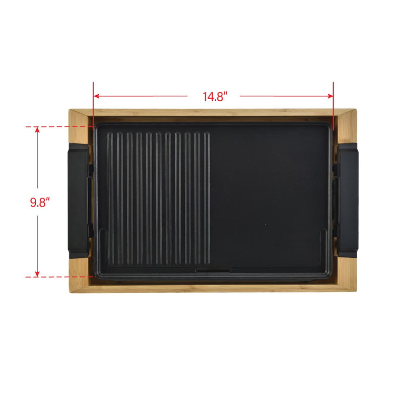 Overhead view of a griddle pan with measurements indicating 14.8" by 9.8".