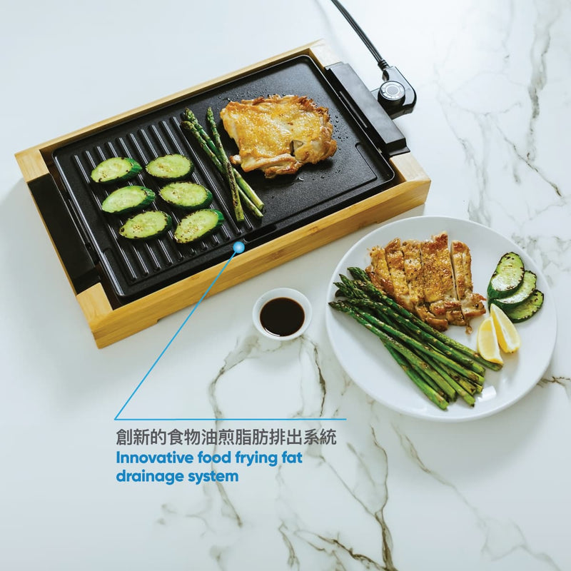 Electric griddle cooking chicken, asparagus, and zucchini; served with sliced meat and veggies on a plate.