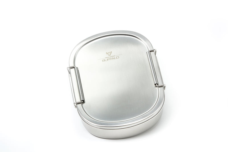 Buffalo stainless steel lunch box with clamped lid on white background.