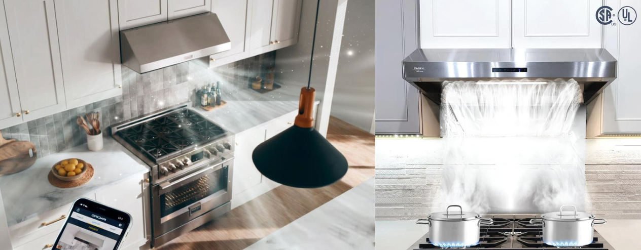 Modern kitchen with stainless steel range hood over a stove, comparing normal and powerful exhaust functions.