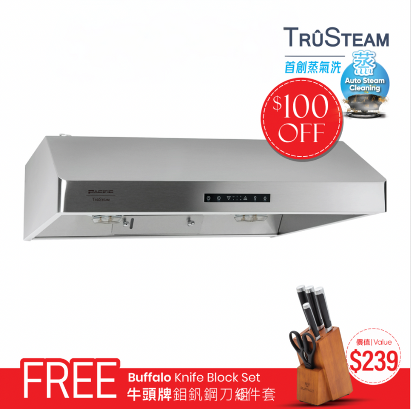 Pacific TruSteam SC8836BS 36" Under Cabinet Range Hood – 1000 CFM, Stainless Steel, Auto Steam Cleaning