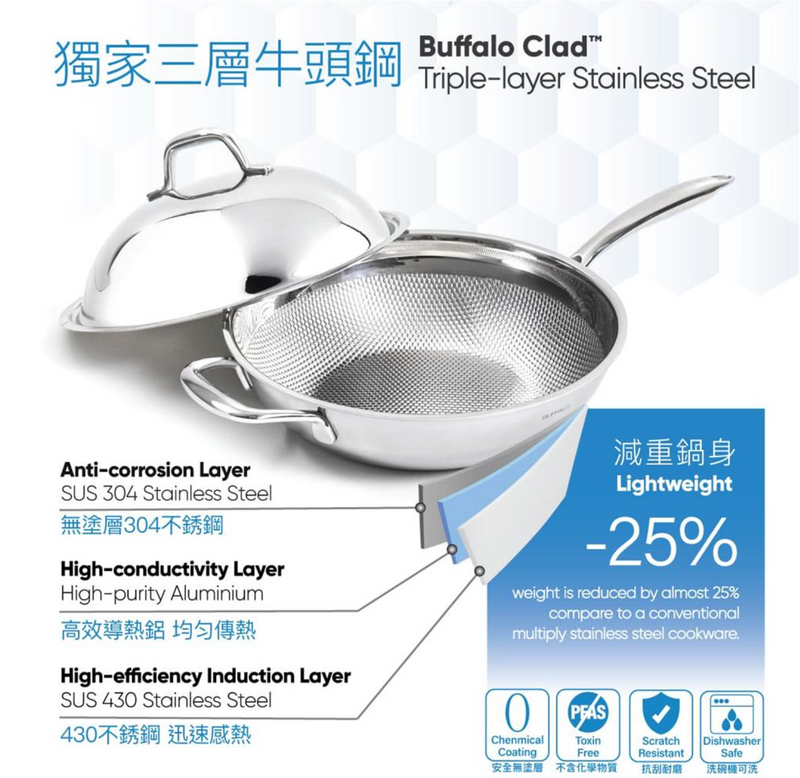 BUFFALO HONEYCOMB S/S 3PLY WOK 28CM - WHC228L