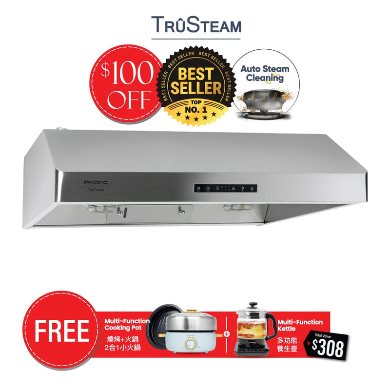 Pacific TruSteam SC8836BS 36" Under Cabinet Range Hood – 1000 CFM, Stainless Steel, Auto Steam Cleaning