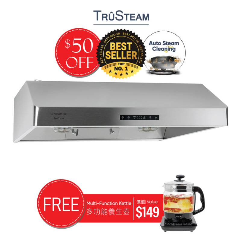 Pacific TruSteam SC8830BS 30" Under Cabinet Range Hood – 1000 CFM, Stainless Steel, Auto Steam Cleaning