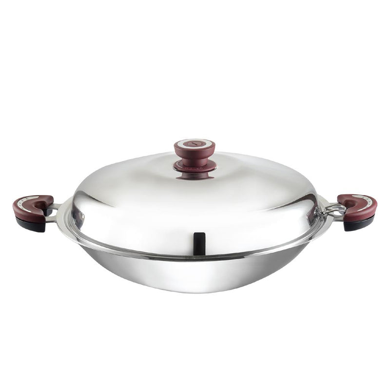 BUFFALO Clad Stainless Steel Wok Pan with Lid Round Bottom 16 inch (40cm)  Stir Frying Pan Tri-Ply Nonstick Cookware - Double Handle Cooking Pot for